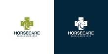 Creative Horse Care Logo. Cross Health And Horse With Minimalist Style. Horse Head Logo Icon Symbol Vector Design Template.