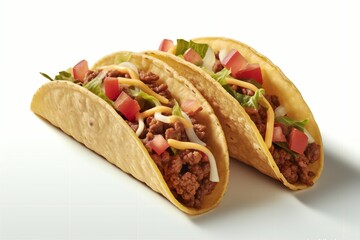 Closeup of two tacos plated on a white surface, AI-generated.