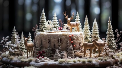 A close-up of a picturesque Christmas cake, adorned with edible pine trees and delicate deer figurines, set against a backdrop of a serene winter forest scene