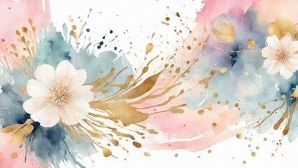 Watercolor illustration. Gentle flower and gold splash for nature banner background. Suitable for use as screensaver, wall decoration, wallpaper, book cover and notebook.