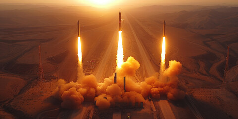 Group launch of ballistic missiles at the test site.