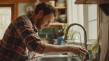 Fototapeta  - A man trying to fix a faucet in the kitchen