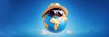 Tropical Background. Globe On Sea Beach In Sunny Day. Copy Space For Text