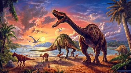 Canvas Print - A scene from prehistory. Dinosaurs before extinction