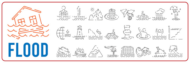 Sticker - Global disasters. Modern vector plain line design icon. Drought, flood and water. Plant and nature or farm. Famine and insurance. Line icon set