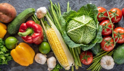 Wall Mural - fresh farmers garden vegetables on stone background horizontal banner harvest time top view