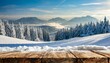 wooden table cover of snow and frost empty space for your decoration christmas magic time and landscape of mountains natural light and rural view