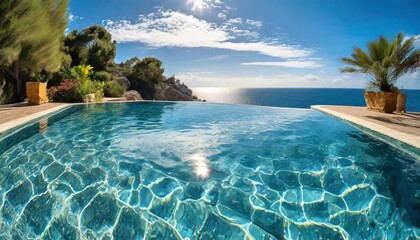 Poster - water in swimming pool bright rippled water surface detail background tranquil tropical mediterranean sea ocean shiny waves sunlight pattern