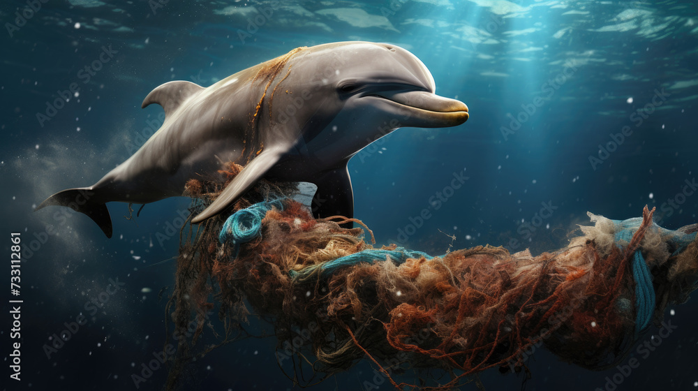 Dolphin Problem A dolphin caught in a fishing net highlights the problem of marine life ...
