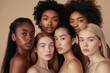 © Jennie Pavl - Beauty. Portrait of a group of diversity models. Multi-ethnic women with different skin types posing on a beige background. Tender multicultural girls stand together and look at the camera.