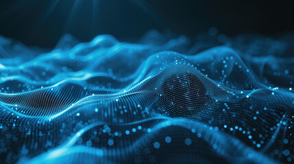 Abstract background of glowing blue mesh or interwoven lines on a dark background 