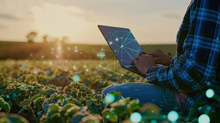 Application of new technologies in agribusiness. The farmer uses a laptop on the background of the field 