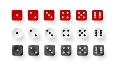 Dice game with red white and black cubes. Realistic gambling objects to play in casino, dice from one to six dots. Vector