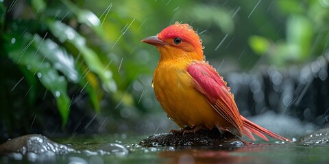 Sticker - Vibrant orange bird caught in a tranquil rain shower, nature's beauty captured in a serene moment. wildlife photography. AI