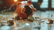 The End of Savings broken piggy bank lying on the floor with coins financial loss