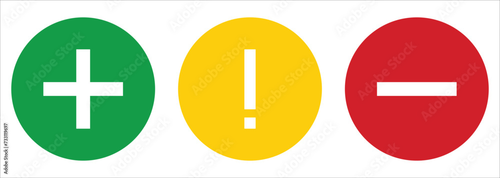 Set of flat square plus sign, exclamation point and minus sign icons, buttons isolated on a white background. vector file EPS 10