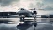 Close-up of business jet parked outside, sleek aircraft design, luxurious exterior