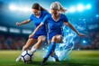 © Thaniya - Female soccer players in blue engaged in intense play, vibrant energy, competitive spirit. Two women competing in soccer match, focused and agile, in a display of powerful dynamics
