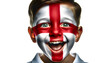 child boy soccer fun portrait with painted face of english flag isolated on transparent background