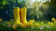 a pair of yellow rain boots and flower in green grass