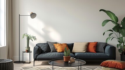 Wall Mural - Modern living room interior with black sofa.