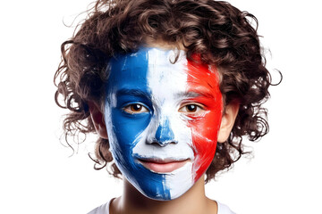 Wall Mural - child boy soccer fun portrait with painted face of french flag isolated on transparent background