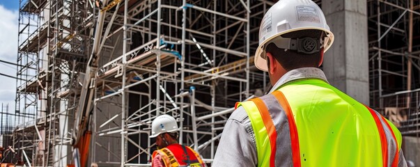 Worker in hard helmet and green vest making or installing scaffold on building side.