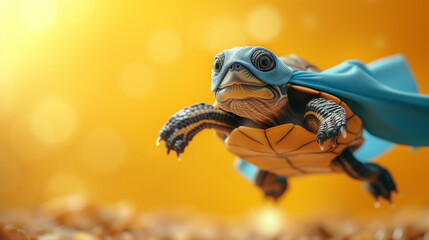 Superhero turtle in blue cape, yellow background