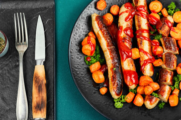 Wall Mural - Grilled turkey sausages with carrots