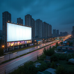 Wall Mural - Blank White Billboard on City Street with Background of Buildings and Road, Summer Night Mock-up