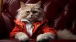 A chic cat dons a fashionable jumpsuit and accessorizes with trendy sunglasses, posing confidently against a vivid red backdrop. Its modern style and adorable presence make it a true fashionista