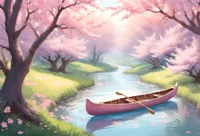 Boat On The Lake Surrounded By Pink Blossom 