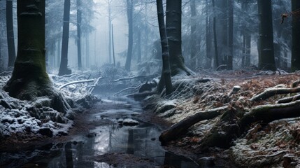 Wall Mural - A forest landscape transforming with the arrival of winter snow