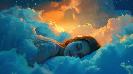 Young woman sleeping lying on a pillow made of soft clouds. Air dreams. Soft heavenly bed