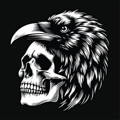 Wall Mural - Dark Art Crow Head with Skull Black and White Illustration