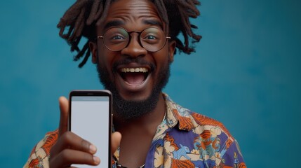 Sticker - The following recommendation is for a portrait of an enthusiastic black guy with a big smartphone with white blank screen in hand, pointing at the device and looking close to the camera. Gadget with