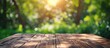 Wooden table with blurry summer nature bokeh background. Generated AI image