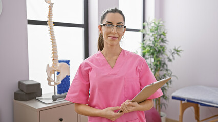 Canvas Print - Radiant young hispanic woman physiotherapist joyfully poring over treatment document in bustling rehab clinic