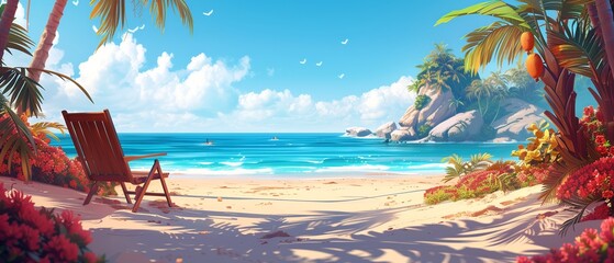 Wall Mural - Cartoon Tropical Beach: Seaside Vacation Illustration

