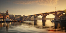 pont de pierre bridge, Building Complex Bridges, Amazing sunrise view at vltava river bridge, boat with clear water reflection prague czech, Generative AI