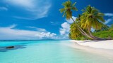 Fototapeta Sypialnia - A tranquil beach with palm trees and turquoise waters