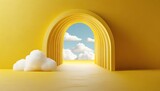 Fototapeta Przestrzenne - 3d render abstract minimal yellow background with white clouds flying out the tunnel