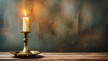 Burning Old Candle With Vintage Brass Candlestick On Wooden Background In Minimalist Room Interior With Copy Space