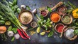 fresh seasoning and vegetarian organic cooking ingredients for tasty cooking on dark rustic background top view place for text clean healthy organic vegan or vegetarian food concept