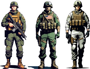 Set of american military soldiers. Soldier, officer, marine, trooper, specops. Vector flat illustration on white background, isolated.