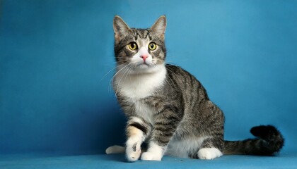 Wall Mural - studio shot of a gray and white striped cat sitting on blue background