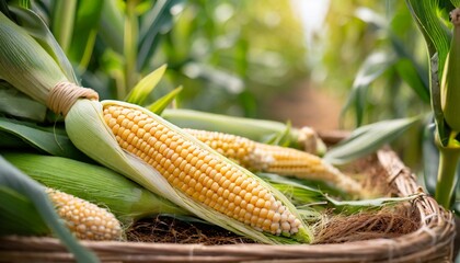 Wall Mural - selective focus of corn cobs in organic