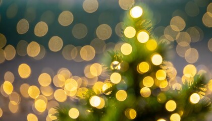 Wall Mural - christmas tree bokeh light in green yellow golden color holiday abstract background blur defocused