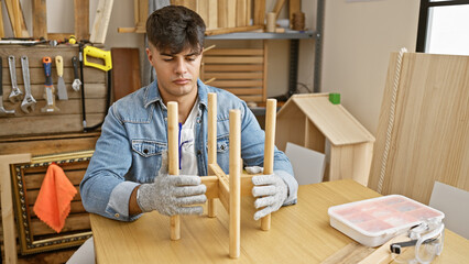 Wall Mural - Handsome young hispanic man entrepreneur, relaxing at his carpentry workshop, assembling wooden furniture, a prolific portrait of a professional worker in his element