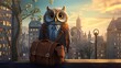 A trendy owl with a messenger bag, perched on a tree branch in the city